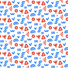Red and blue simple elements hand drawn vector seamless pattern in cartoon doodle style