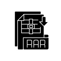RAR file black glyph icon. Archive file format. Data compression. Error recovery. File spanning. Archiver. Data container. Silhouette symbol on white space. Vector isolated illustration
