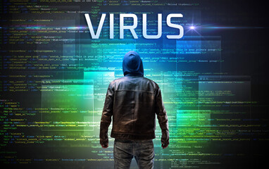 Faceless hacker with VIRUS inscription on a binary code background