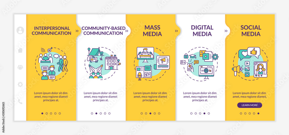 Aufkleber communication channels onboarding vector template. mass, digital, social media. information sources.