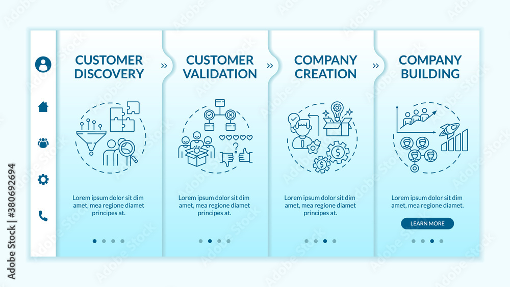 Poster customer development framework onboarding vector template. communication advices. business creation.