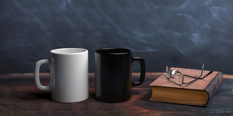 Coffee cups, old books and reading glasses on a wooden table, black board background. 3d illustration