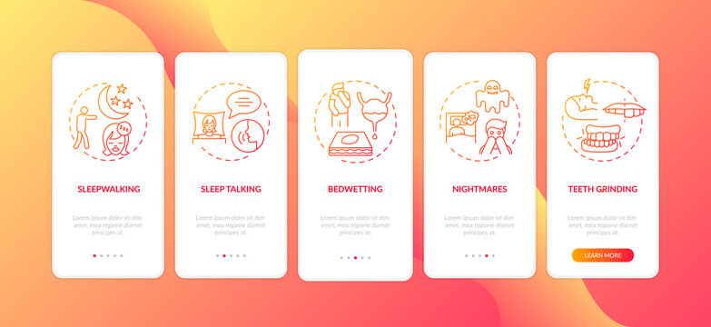 Sleep problems red gradient onboarding mobile app page screen with concepts. Healthcare issue. Sleep disorders walkthrough 5 steps graphic instructions. UI vector template with RGB color illustrations