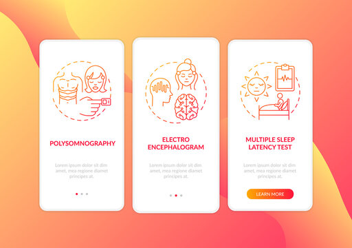 Daytime nap study red gradient onboarding mobile app page screen with concepts. Medical examination walkthrough 3 steps graphic instructions. UI vector template with RGB color illustrations