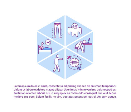 Sleep problems concept icon with text. Different parasomnias and sleeplessness causes. PPT page vector template. Brochure, magazine, booklet design element with linear illustrations