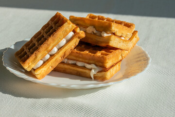 Soft Viennese waffles with caramel filling on a white plate.