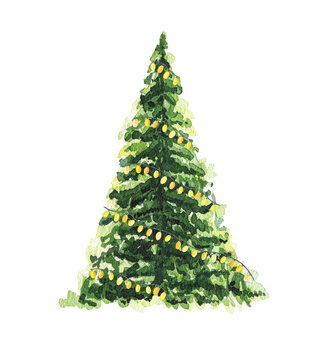 Watercolor Christmas tree with garland isolated on white background.