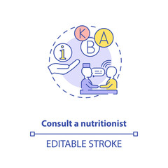 Consultation with nutritionist concept icon. Adequate vitamins intake idea thin line illustration. Eating plans development. Vector isolated outline RGB color drawing. Editable stroke