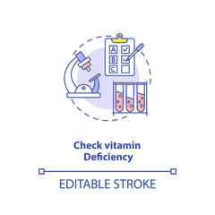 Check vitamin deficiency concept icon. Adequate vitamins intake idea thin line illustration. Venous and finger-prick blood test. Vector isolated outline RGB color drawing. Editable stroke