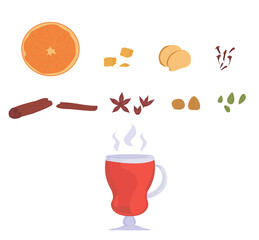 set for mulled wine. glass of mulled wine. recipe for making a hot drink from wine with spices. doodles isolates. poster for cafe and restaurant menu. winter and autumn season. vector