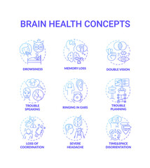 Brain health blue gradient concept icons set. Drowsiness from lack of sleep. Memory loss. Double vision. Health care idea thin line RGB color illustrations. Vector isolated outline drawings