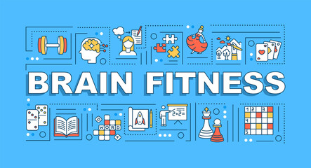 Fototapeta na wymiar Brain fitness word concepts banner. Mental training and memory improvement techniques. Infographics with linear icons on blue background. Isolated typography. Vector outline RGB color illustration