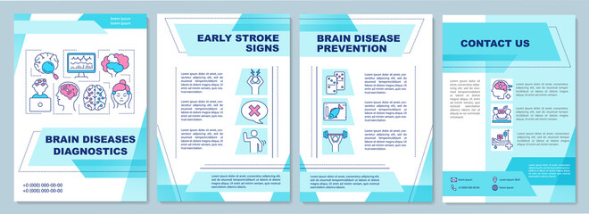 Brain diseases diagnostics brochure template. Neurological center flyer, booklet, leaflet print, cover design with linear icons. Vector layouts for magazines, annual reports, advertising posters