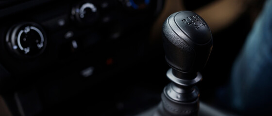Manual Transmission Driving. Modern Car with 6 speed gear stick.