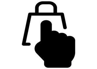 Online shopping, hand click on shopping cart icon. Simple design. Line vector. Isolate on white background.
