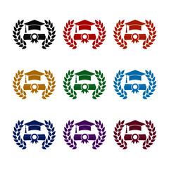 Graduation cap with laurel wreath icon, color set