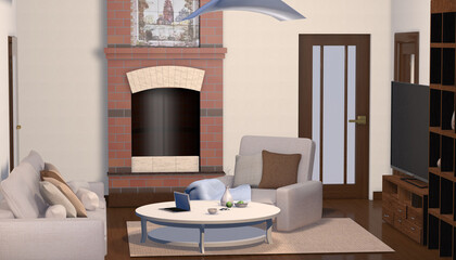 3d illustration living room interior with tv chair table fire place laptop apple