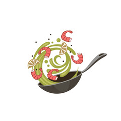 pan with cooking fried shrimps isolated on white background