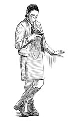 Sketch of city girl in mask and headphones standing and looking at smartphone outdoors