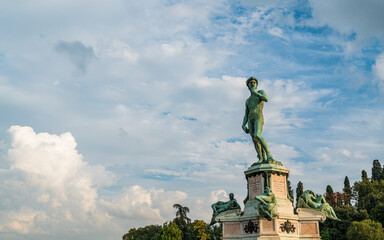 Bronze cast statue of David facing Florence skyline at Piazzale Michelangelo, Florence, Italy.