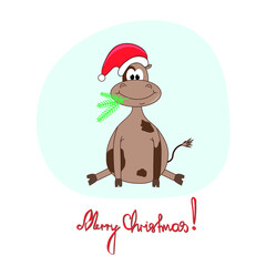 A bull in a New Year's hat and with a branch of a Christmas tree in his mouth. Vector. Symbol of the year. Feast of Christmas.