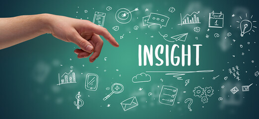 Close-Up of cropped hand pointing at INSIGHT inscription, modern business solution concept