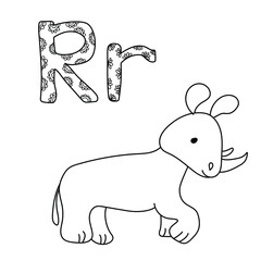 Coloring page for study letter R, outline illustration  of rhino and volumetric letters with patterns, outline vector illustration