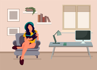 Young woman reads a book on couch at cosy home. The girl sitting on the sofa, reading a book and resting. Apartment interior design and resting couple of people. Flat design vector illustration 
