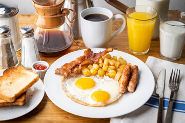 traditional american breakfast on wooden table