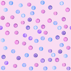 Seamless pattern with cute watercolor sugar drops on a pink background. Perfect for parties and holiday season. 
