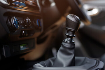 Manual Transmission Driving. Modern Car with control 6 speed gear stick. 