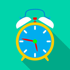 Alarm clock icon with long shadow. Flat design style. Simple icon. Modern flat icon in stylish colors.