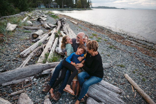 Fun-loving grandparents playing with kids on beach logs.