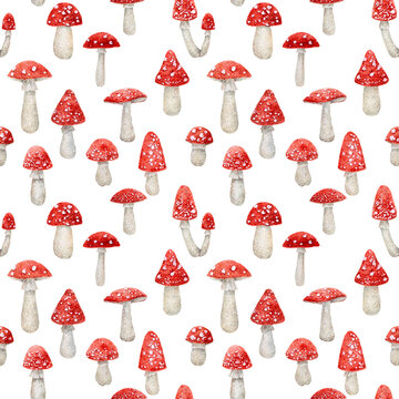 Seamless pattern with toad shrooms on white