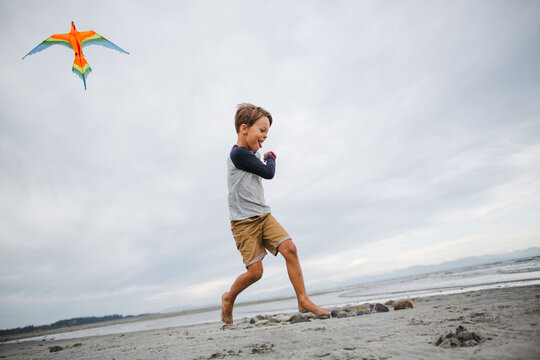 Young boy having fun running and flying a kite on the beach.