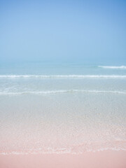 Pink sand beach with small waves and fog