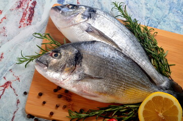 Two Fresh Dorado fish with lemon, onion and rosemary on light marble background, top view