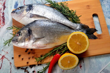 Two Fresh Dorado fish with lemon, onion and rosemary on light marble background, top view