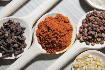 organic spices in wooden spoons