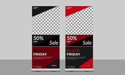 Black Friday Roll Up Banner Design. Horizontal sale poster Black and Red