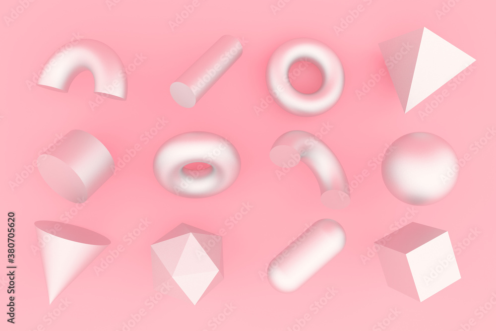 Poster Set of 3d render realistic primitives on pastel background. Isolated graphic elements: sphere, torus, cube, icosahedron and other geometric shapes made of silver material.