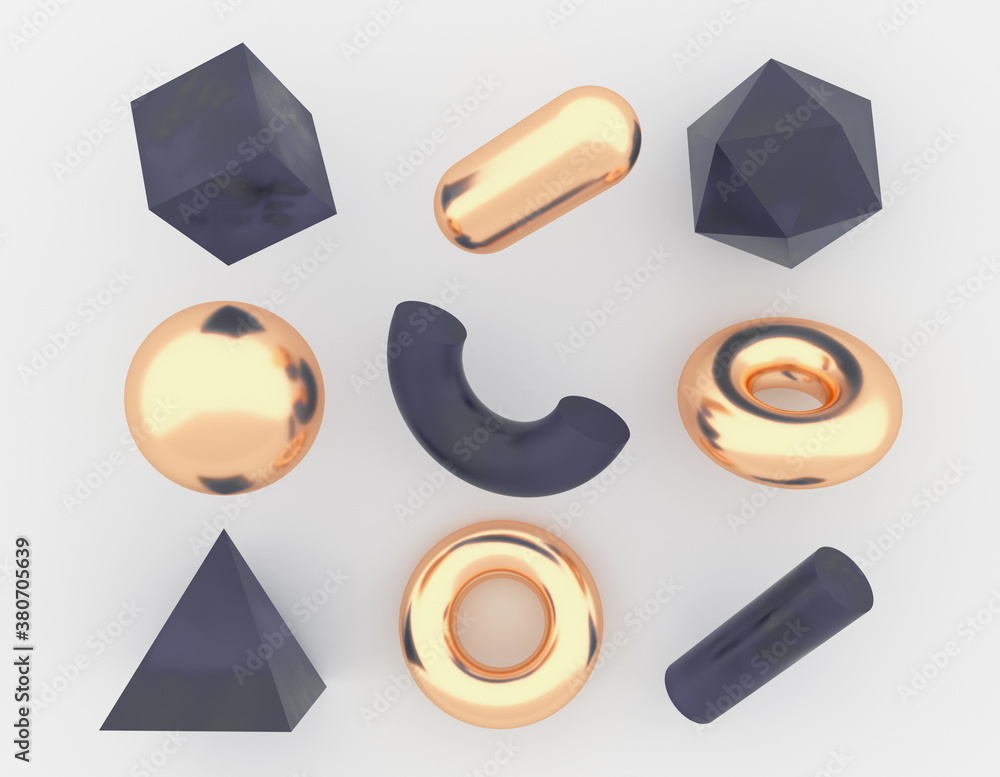 Poster set of 3d render realistic primitives on white background. isolated graphic elements: sphere, torus,