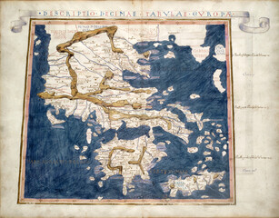 Greece old map from rare medieval book Geography by Claudius Ptolemy published in 1480.