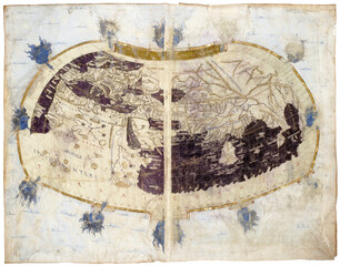 World map from rare medieval book Geography by Claudius Ptolemy published in 1480.