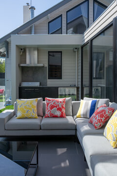Outdoor living area with small pool