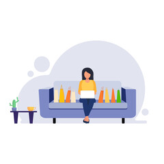 Girl with laptop sitting on the couch. Online shopping. illustration in flat style.