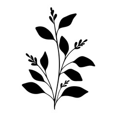 Branch vector floral element. Simple black tree part with berry and leaves. Hand drawn plant. 