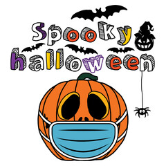 Halloween Pumpkin with Mask and Spooky Halloween Slogan Artwork for Apparel and Other Uses