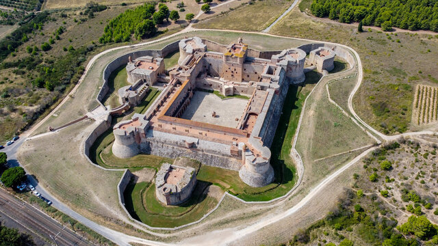 Aerial view of the Catalan fortress Fort de Salses in the South of France - Medieval castle in Salses le Château built by the Catalans at the end of the 15th century