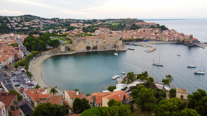 Aerial view of beach of Collioure in the South of France - Little coastal town in the Eastern...